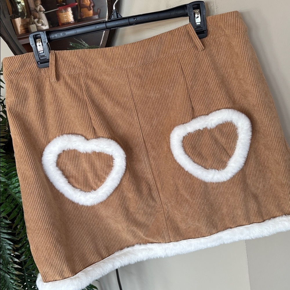 Brand New SHEIN X Care Bears Embroidered Tan Corduroy Mini Skirt Faux Fur Trim - Picture 10 of 15